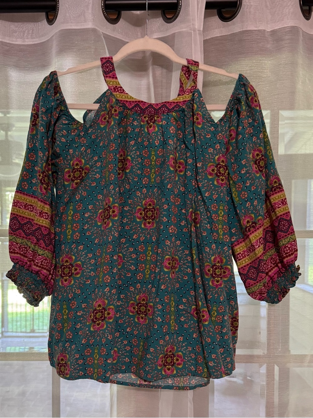 Teal Floral Cold-Shoulder Peasant Blouse